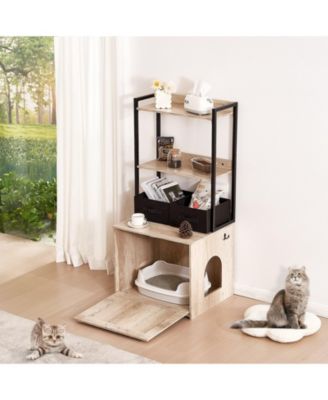 Wooden Litter Box Enclosure with Storage Shelves & Baskets, Natural