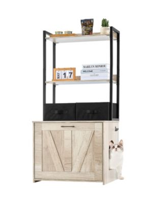 Wooden Litter Box Enclosure with Storage Shelves & Baskets, Natural