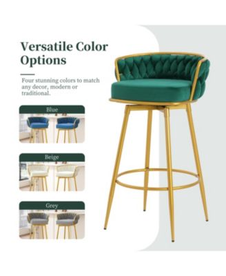 Streamdale Green Swivel Counter Height Bar Stools (Set of 2) with Hand-Woven Backrest & Gold Legs