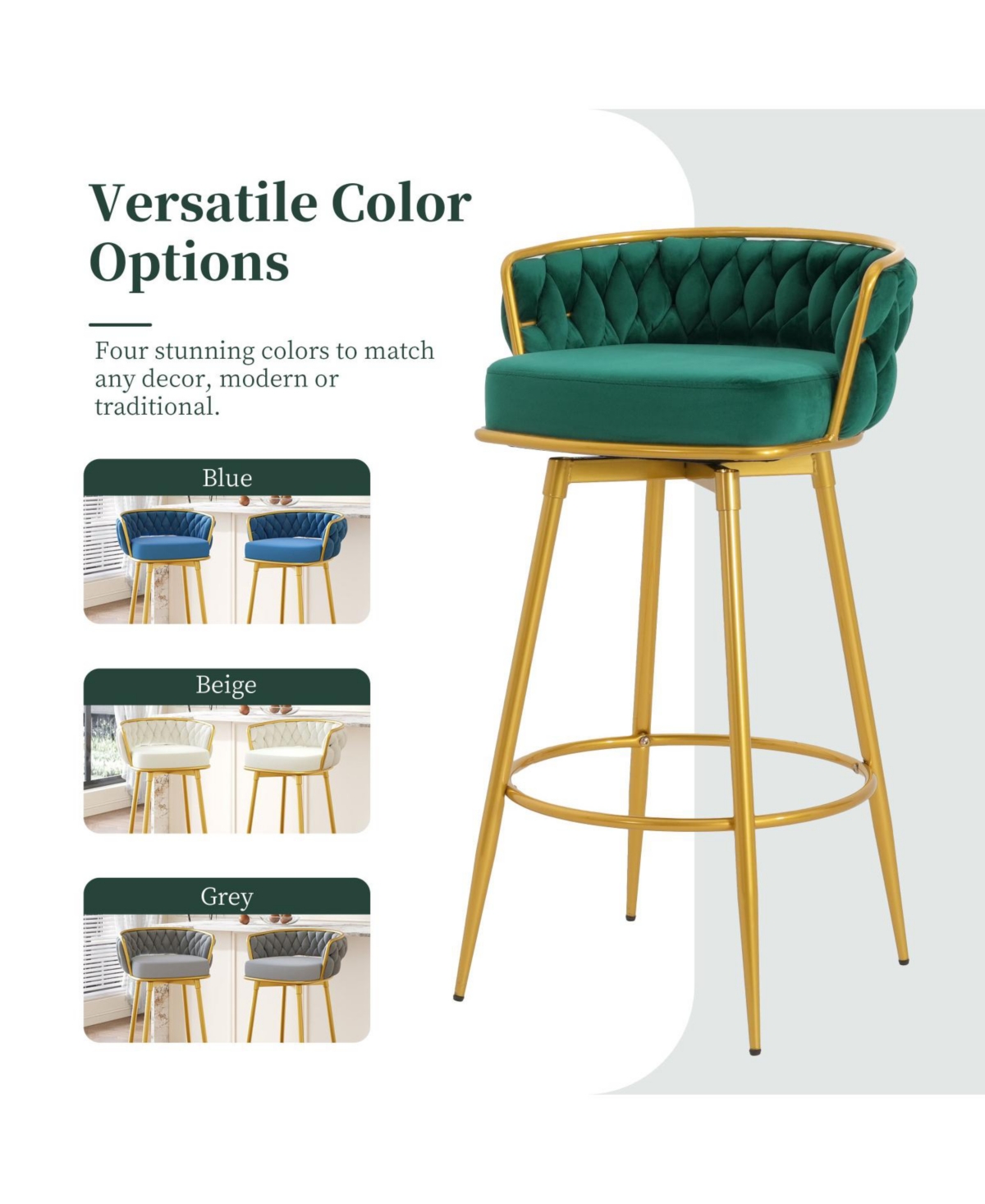 Streamdale Green Swivel Counter Height Bar Stools (Set of 2) with Hand-Woven Backrest & Gold Legs