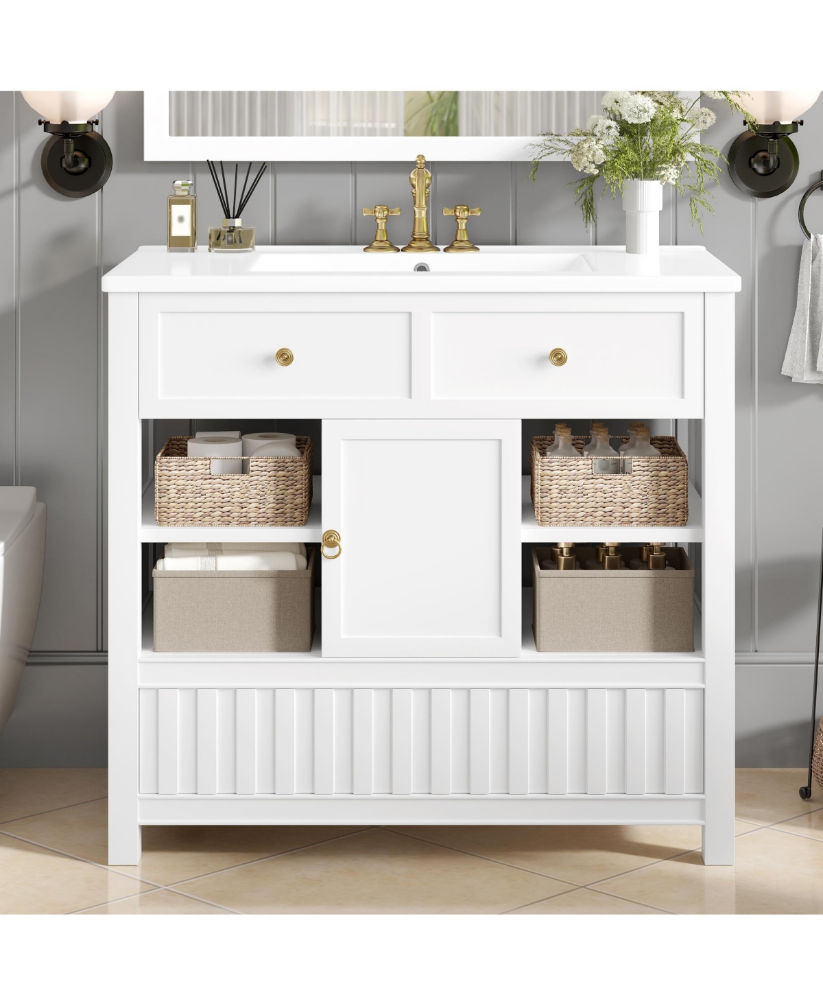 Cesicia 36 in. Bathroom Vanity with Sink, Multi-functional Bathroom Cabinet with Doors, Drawers and Storage Shelves