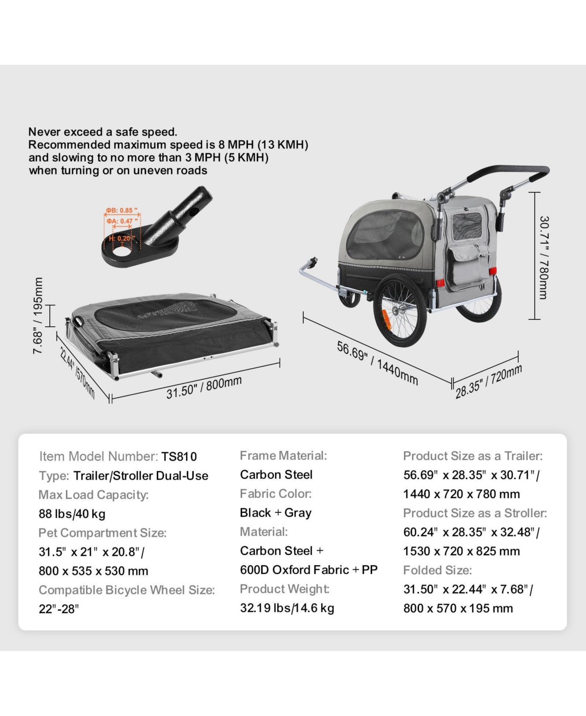 Cozito 2-in-1 Foldable Dog Bike Trailer & Stroller, Holds up to 88 lbs., Black & Gray