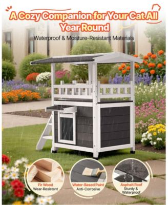 30" 2-Story Wooden Outdoor Cat House with Balcony & Stairs