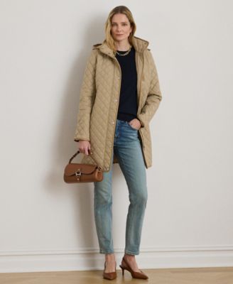Womens Hooded Quilted Faux-Suede-Trim Coat