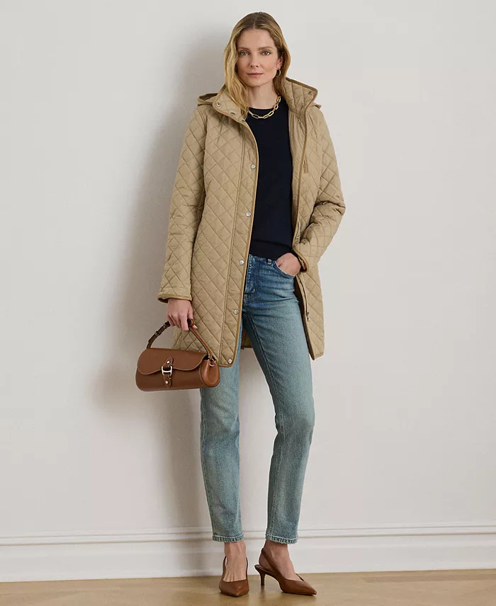 Womens Hooded Quilted Faux-Suede-Trim Coat - thumbnail 5