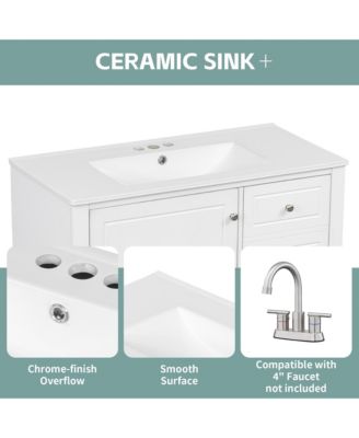 36 in. Freestanding Bathroom Vanity Cabinet with Ceramic Sink, MDF and Solid Wood Base, 3 Drawers and Shelves, 4 in. Faucet Holes