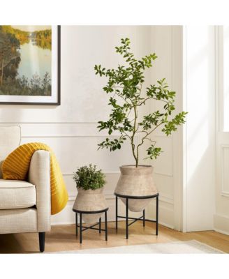 2-Piece Rustic Brick Red Cachepot Planter Cauldron Set with Black Stands