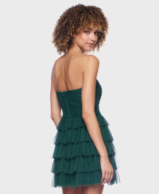 Women's Strapless Side-Shirred Tiered Glitter Mini Dress