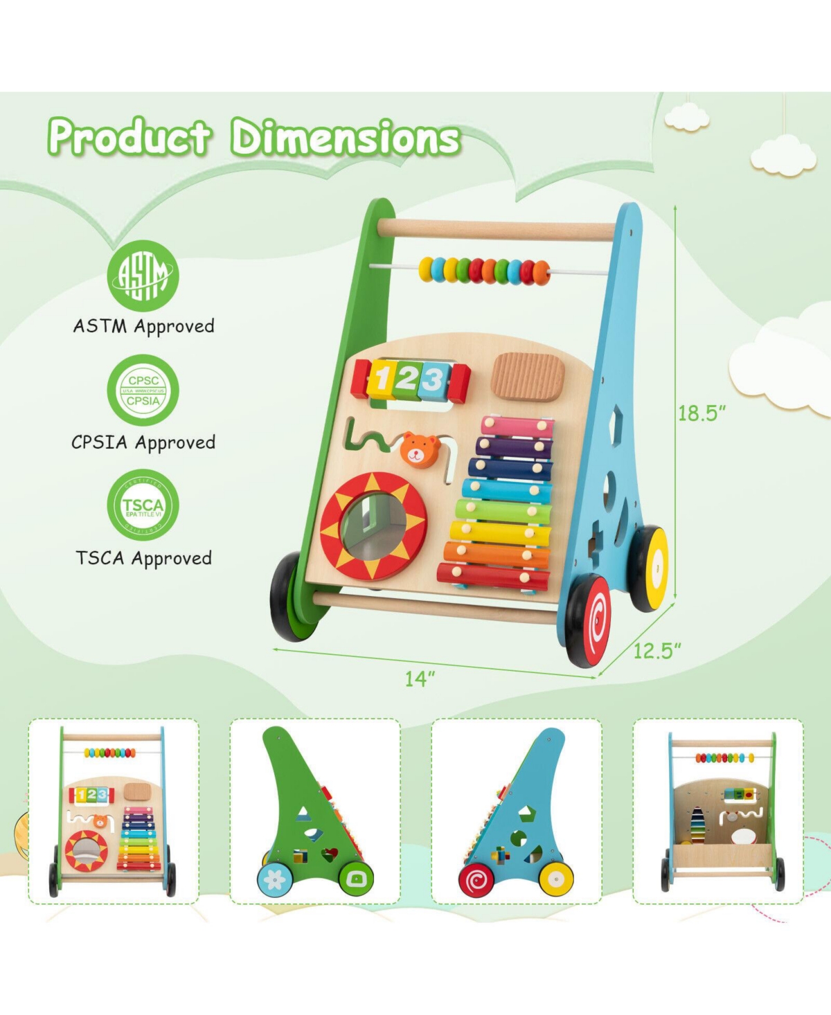 Sugift Toddler Push Walker Activity Center Toy with Burr-free Handle