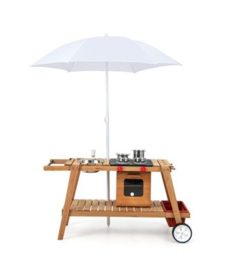 Wooden Play Cart with Sun Proof Umbrella for Toddlers Over 3 Years Old-Brown