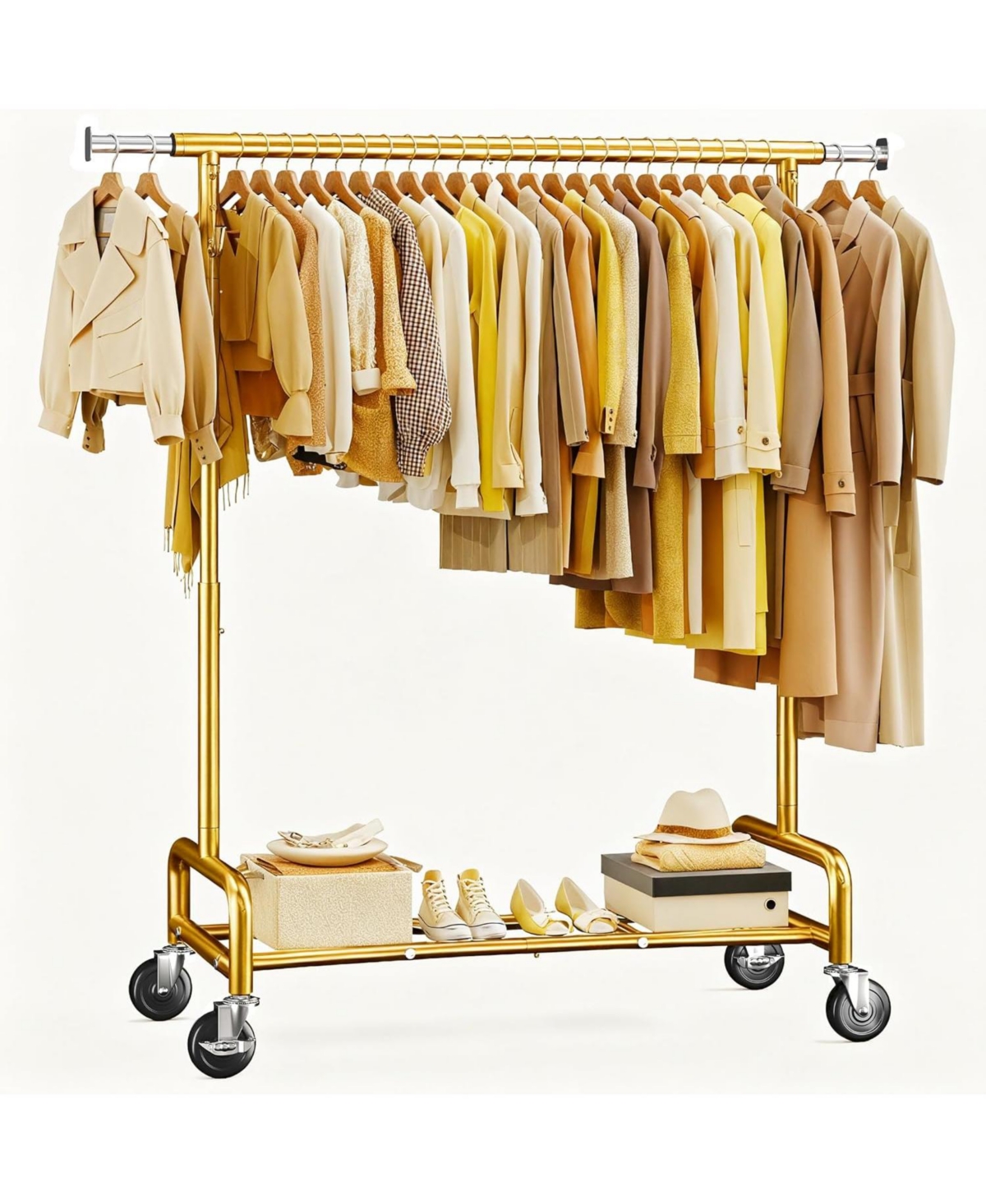 Raybee 75" W Heavy Duty Clothes Rack Load 450 Lbs, Metal Garment Storage with Shelf, Lockable Wheels & Anti-Slip Stoppers, Rolling Clothing Rack