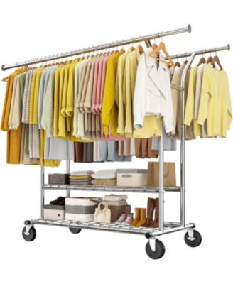 74" W Heavy Duty Clothes Rack, Double Rods Clothing Rack Load 630 LBS, Rolling Clothes Racks for Hanging Clothes 400+, Garment Rack