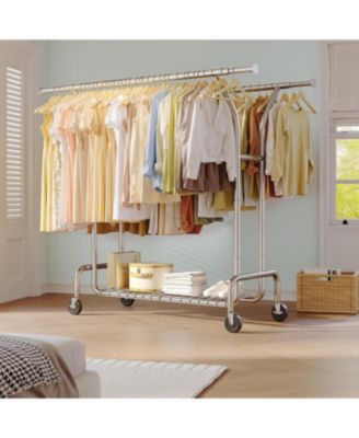 Double Rods Rolling Clothing Rack with 360° Lockable Wheels, Easy Assembly, Portable Adjustable Garment Rack with Shelves