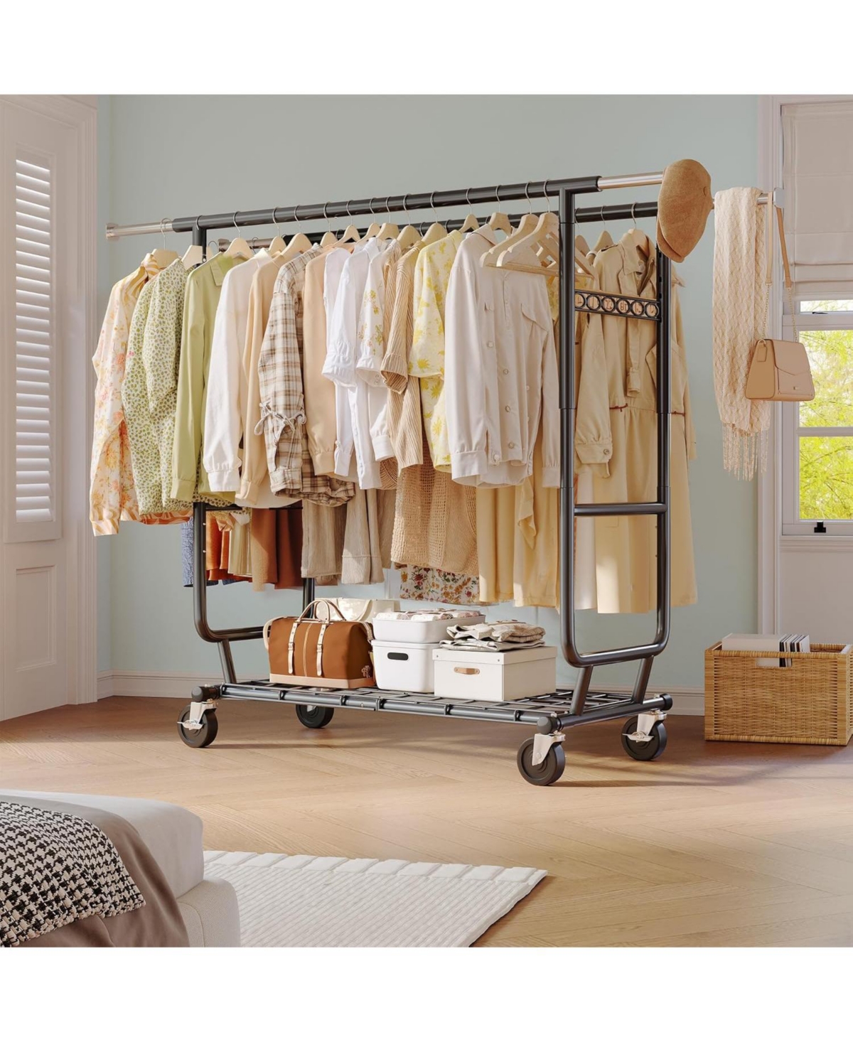 Raybee Heavy Duty Clothes Rack, Rolling Clothing Racks for Hanging Clothes with Wheels, Adjustable & Commercial Garment Rack