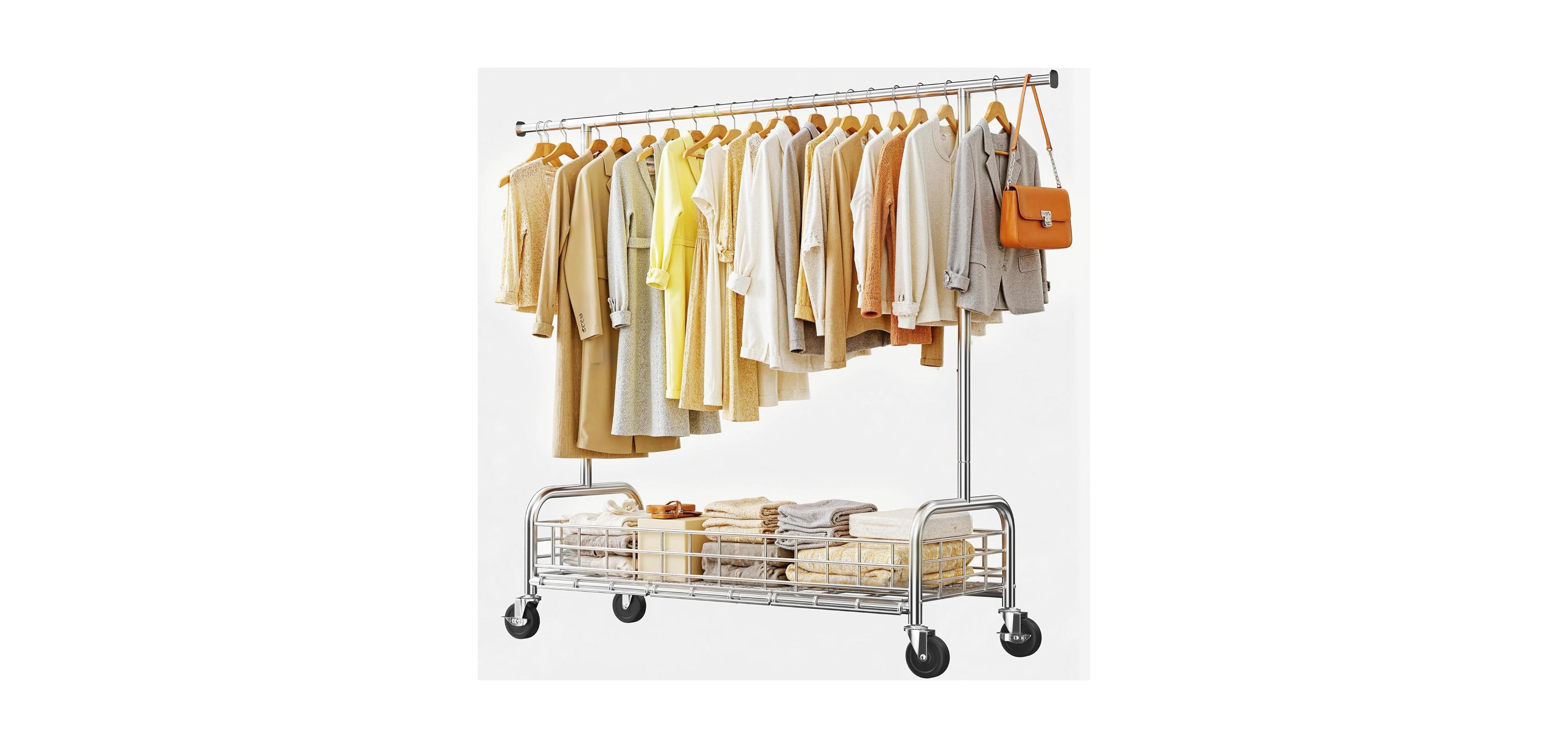 Raybee Rolling Clothing Rack with Storage Basket and Sturdy Wheels, Clothing Racks for Hanging Clothes, Wardrobe Closet Rack for Bedroom, Boutiques