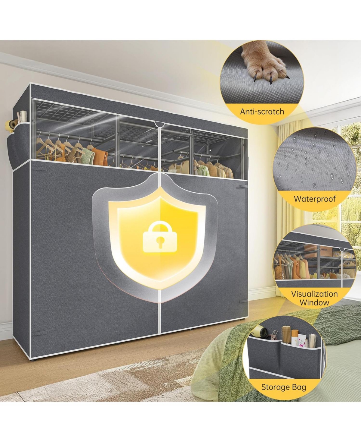 Raybee Clothes Rack with Cover,Portable Closet Heavy Duty,Metal Clothing Racks for Hanging Clothes Adjustable for Bedroom