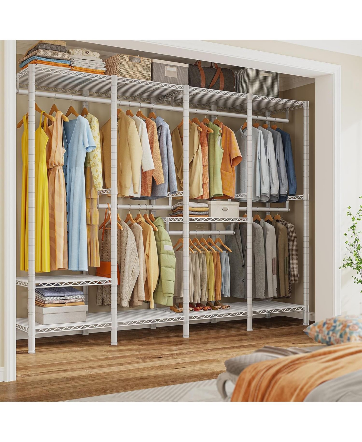 Raybee 76.9" H Clothes Rack Heavy Duty Loads 1100 Lbs Metal Clothing Racks for Hanging Clothes Adjustable Garment Rack White