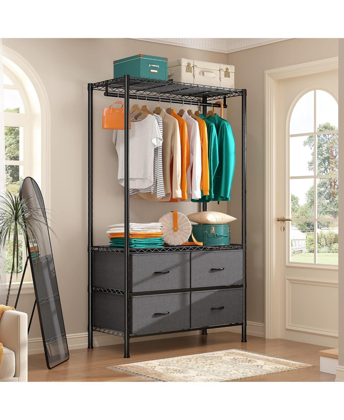 Raybee Clothes Rack with 4 Drawers and Shelves,Heavy Duty Clothing Rack for Hanging Clothes,Portable,Sturdy and Durable