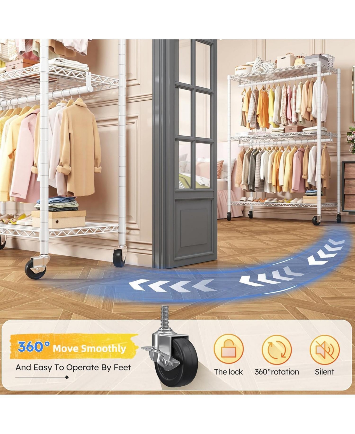Raybee Rolling Clothes Rack, Clothing Racks for Hanging Clothes,Heavy Duty Garment Rack with Wheels and Adjustable Feet,Metal Portable Closet