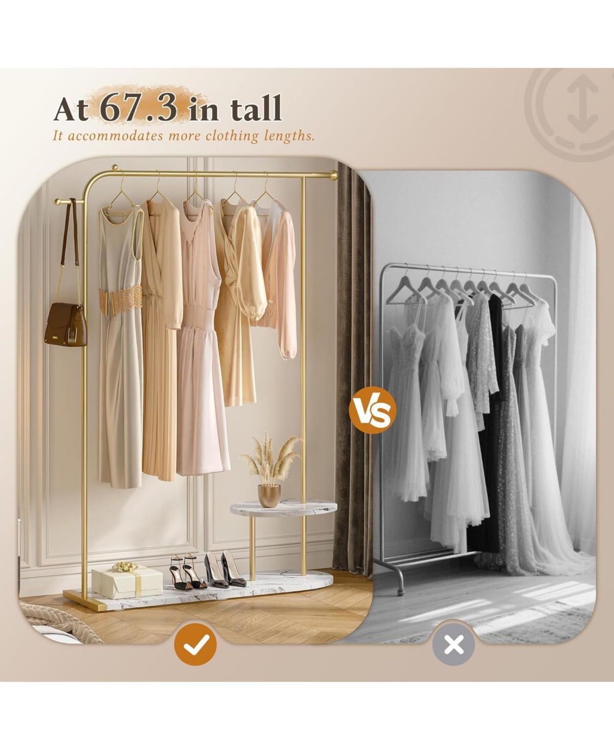 Raybee 67.3" H Gold Clothing Rack, Modern Coat Rack with 2-Tier Storage, Clothes Rack with a Display Stand for Boutique Store, Living Room