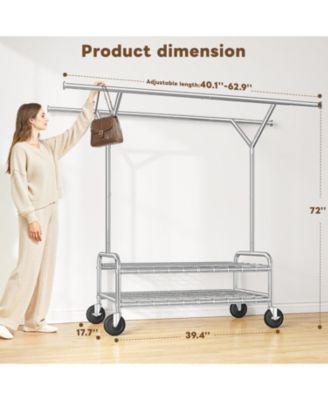 Heavy Duty Clothes Rack Load 500 LBS, Rolling Clothing Rack with Wheels, Double Rods Clothing Racks for Hanging Clothes, Portable