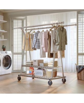 78" W Heavy Duty Clothes Rack Loads 630 LBS, Double Rods Clothing Racks for Hanging 450+ Clothes, Clothing Rack with Wheels