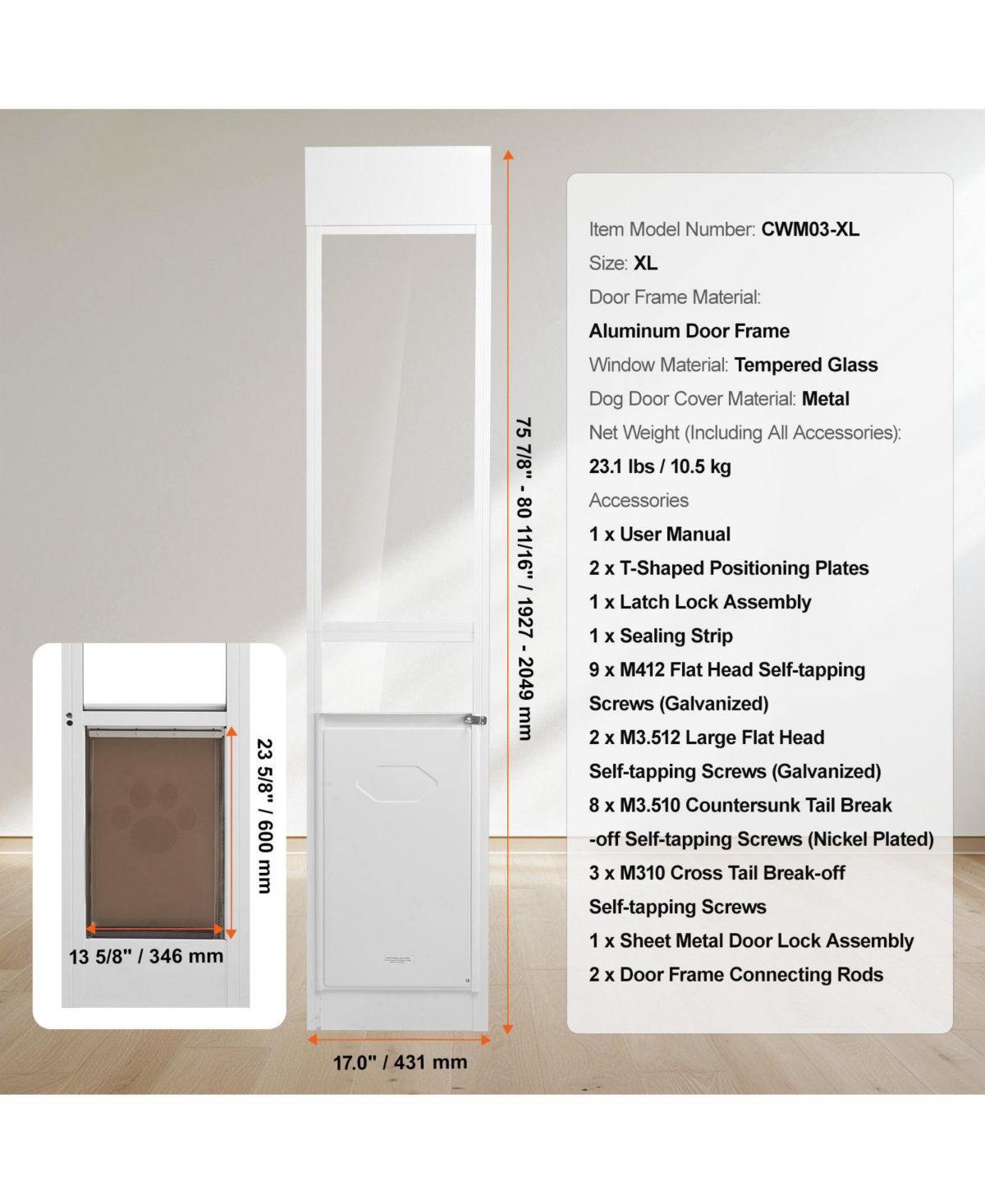 Cozito Aluminum Sliding Glass Pet Door Insert, Adjustable Height, Large