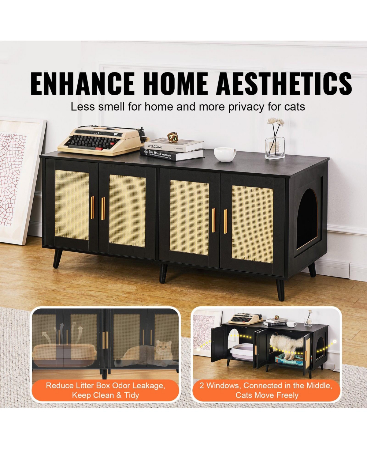 Cozito Double-Compartment Wooden Litter Box Enclosure, Black