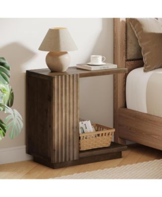 Solid Wood Side Table, C Shaped Sofa End Table, Space-Saving Small Nightstand