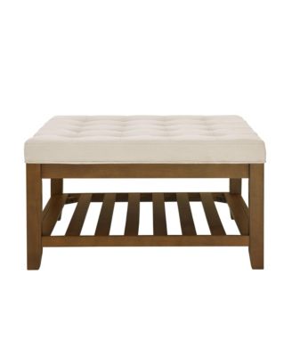 Ivory Upholstered Square Ottoman Coffee Table with Tufted Linen and Beech Wood Shelf