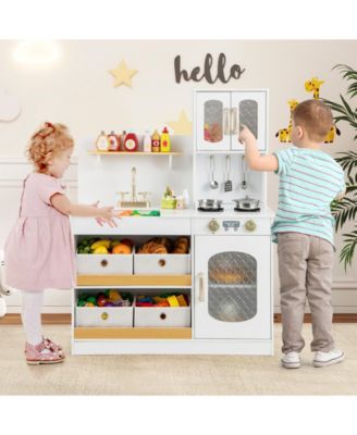 Kids Kitchen Playset with Cooking Accessories and Toy Cuttable Veggies-White