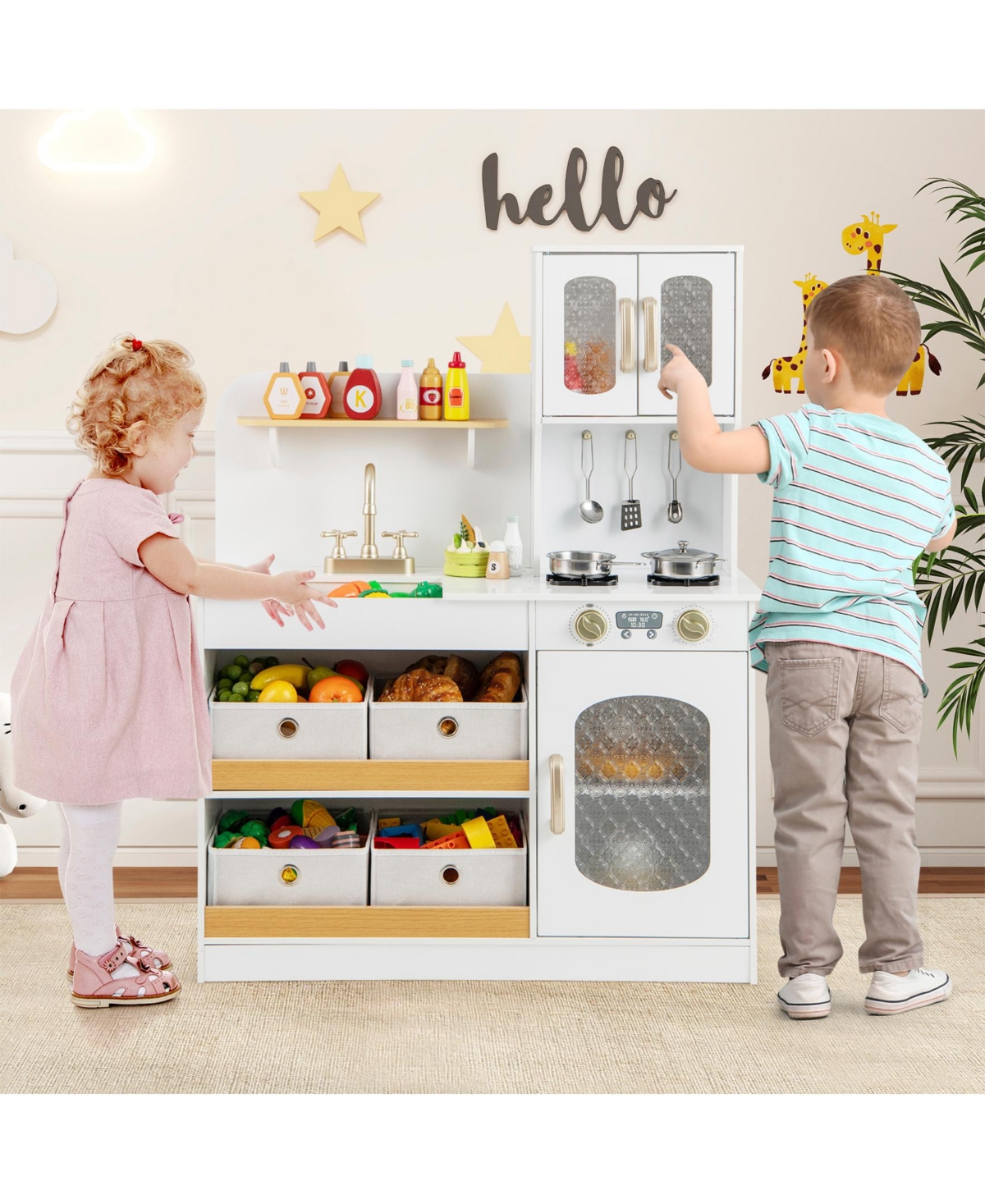 Sugift Kids Kitchen Playset with Cooking Accessories and Toy Cuttable Veggies-White