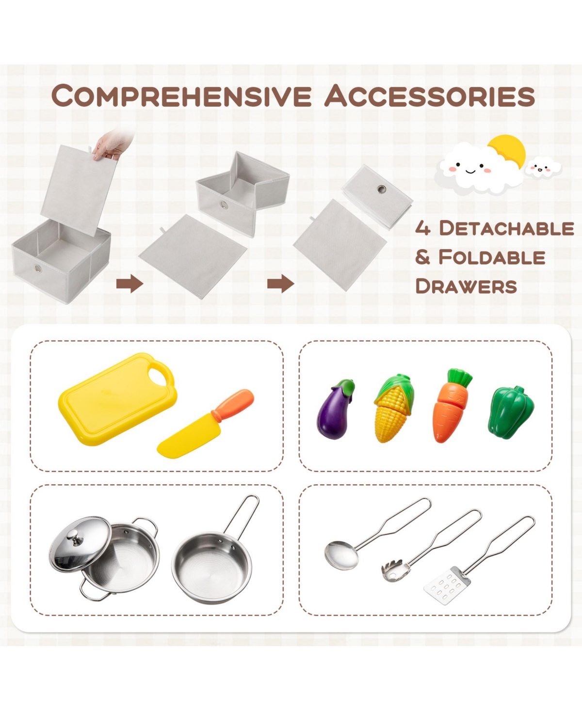 Sugift Kids Kitchen Playset with Cooking Accessories and Toy Cuttable Veggies-White