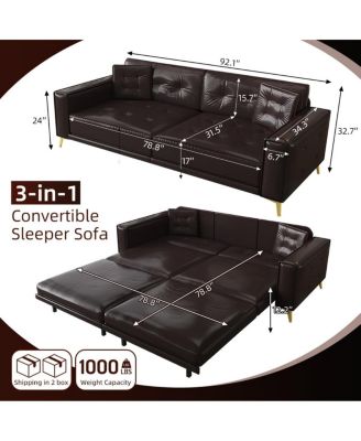 92" Faux Leather King Size Convertible Pull-Out Sleeper Sofa Bed with Wide Armrests & Pillows, 4-Seater