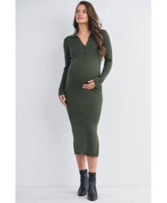 Maternity Long Sleeve Ribbed Collared V Neck Nursing Dress
