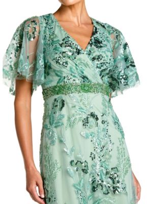 Women's Floral Embellished Short Sleeve Faux Wrap Gown
