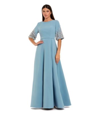 Women's 3/4 Sleeve Crepe Gown With Sleeve Embellishments