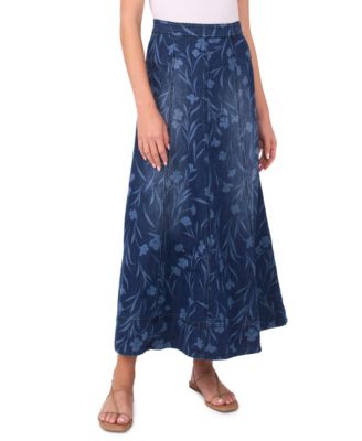 Women's Smocked Waist Seamed Maxi Denim Skirt