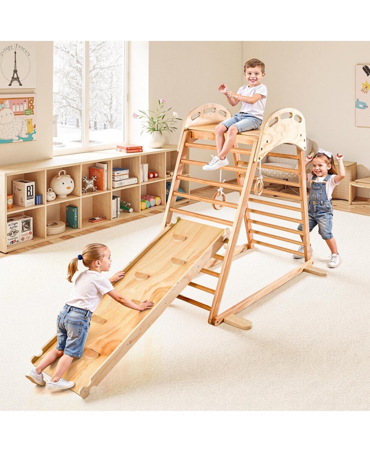Slickblue Indoor Playground Jungle Gym, 4-in-1 Wooden Indoor Playground Climbing Toys for Kids