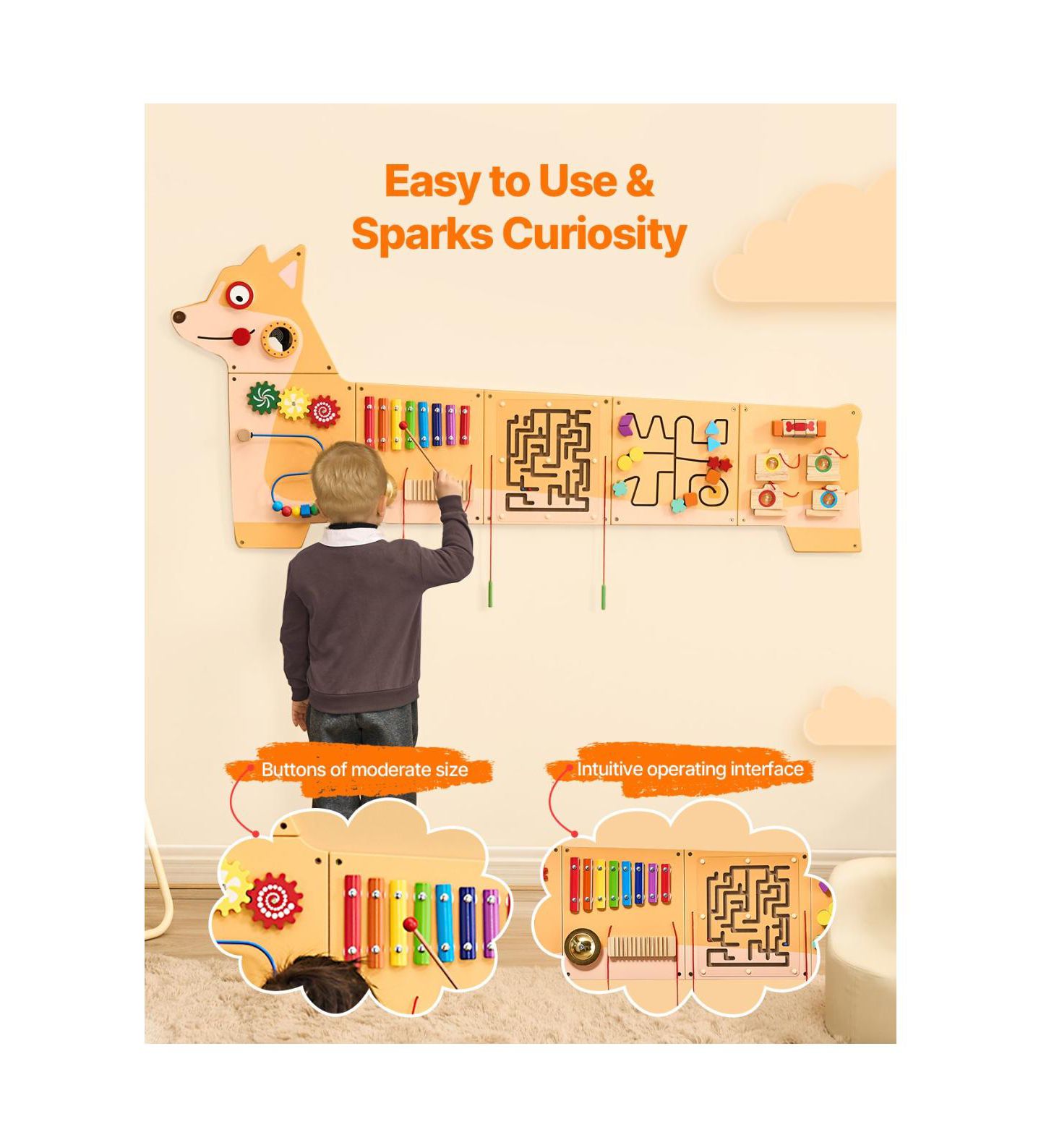 Детская игрушка Slickblue Puppy Montessori-Inspired Sensory Activity Busy Board, 12 Activities, Ages 3-12, цвет: Натуральный — фото 2