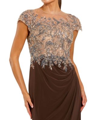 Women's Crystal-Embellished Jersey Evening Gown with Sheer Bodice
