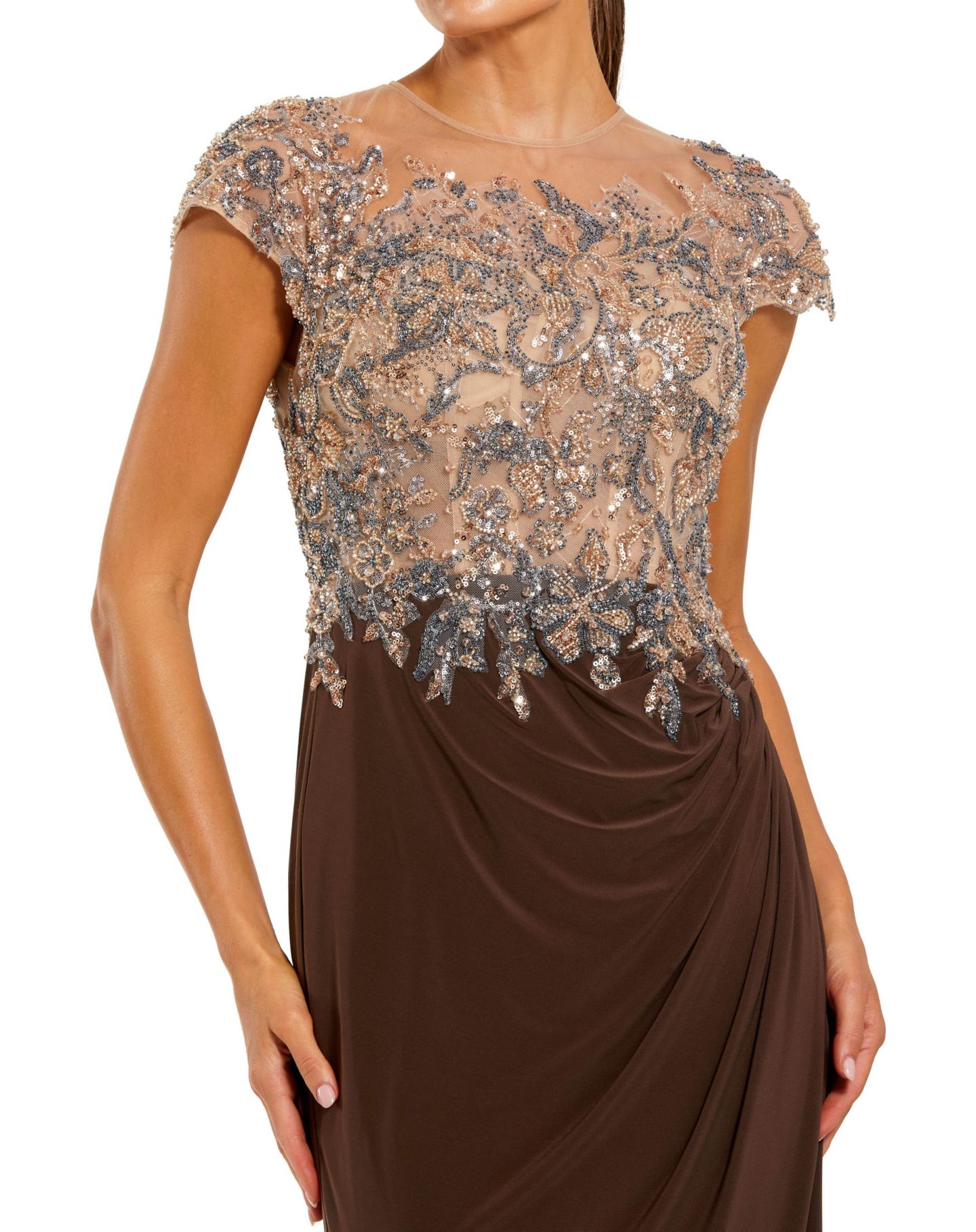Женские платья Mac Duggal Crystal-Embellished Jersey Evening Gown with Sheer Bodice, цвет: Шоколадный — фото 3