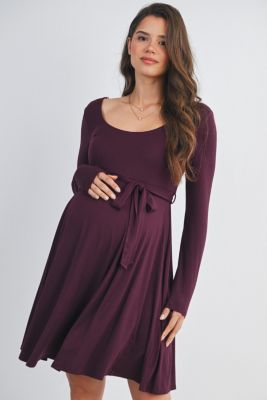 Maternity Scoop Neck Long Sleeve Tie Waist Dress