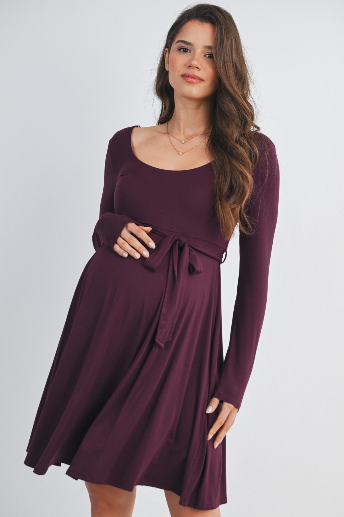 Hello Miz Maternity Scoop Neck Long Sleeve Tie Waist Dress