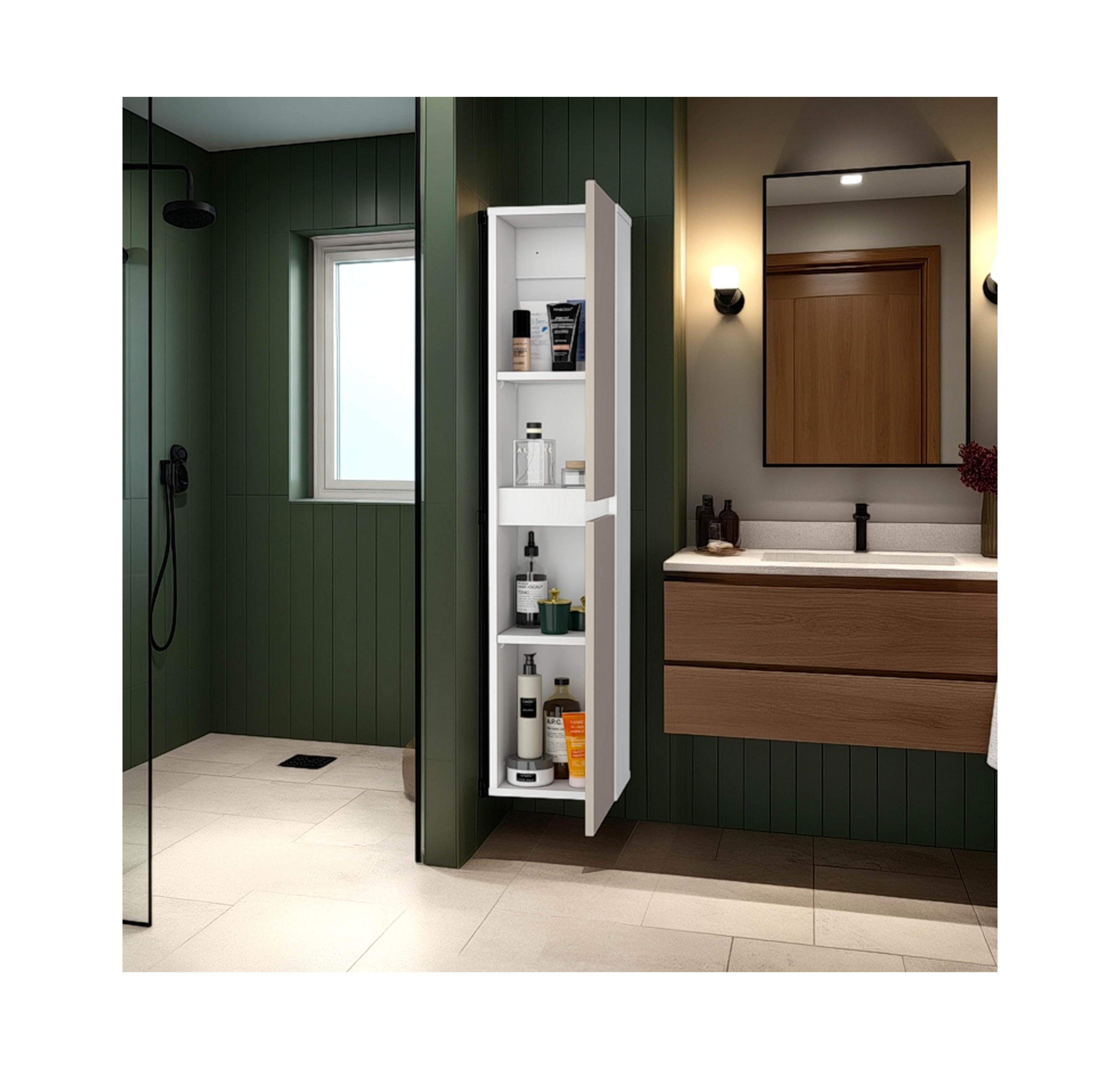 Fm Furniture Dateland Two-Door Wall Cabinet, Stylish Vertical Storage for Bathroom or Kitchen, Light beige and white