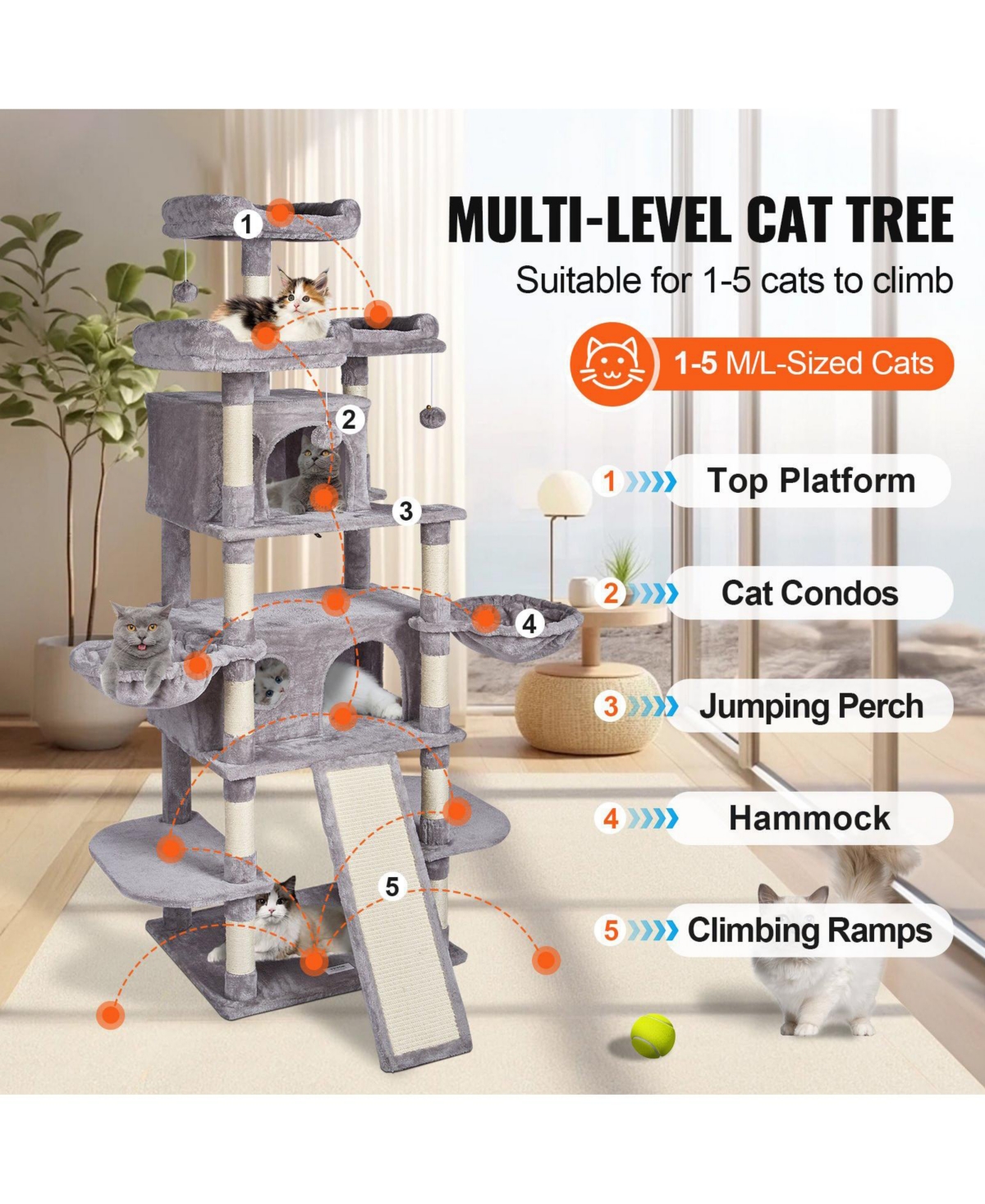 Cozito 68.5" Multi-Level Cat Tree with Ramp & 2 Condos, Light Gray