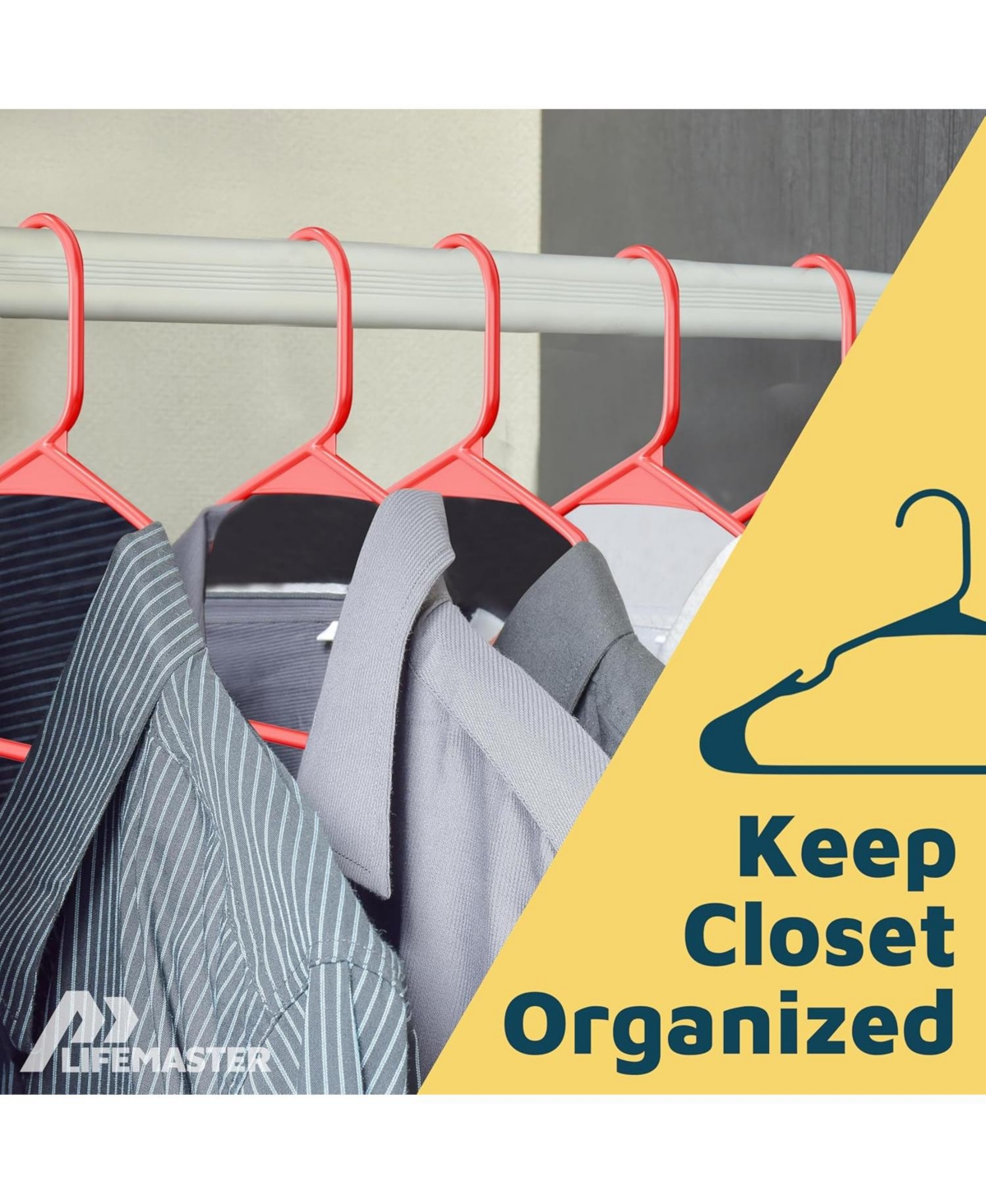 Lifemaster heavy-duty red hangers with non-slip grooves, space-saving design, holds 5 lbs. Pack of 5 for clothes & coats.