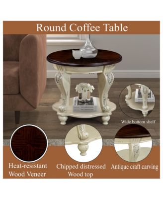 Solid Wood Round End Table with Shelf Sofa Side Table