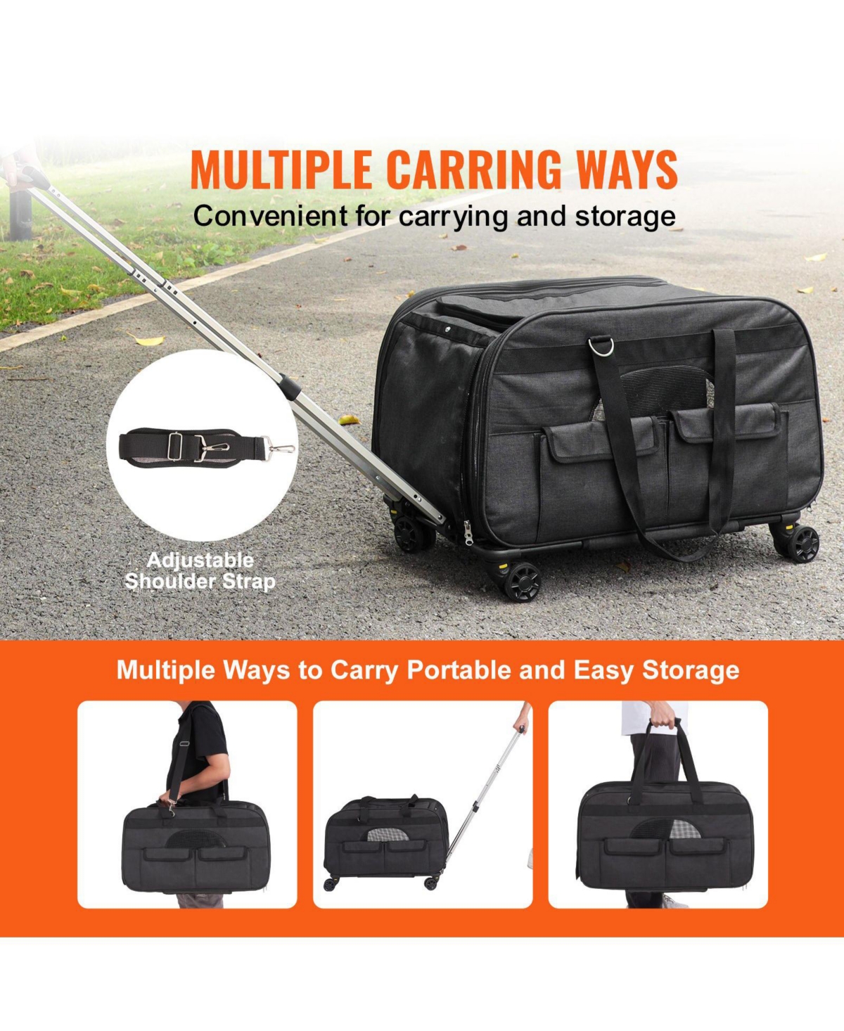 Rolling Pet Carrier with Telescopic Handle, Holds up to 35 lbs., Black