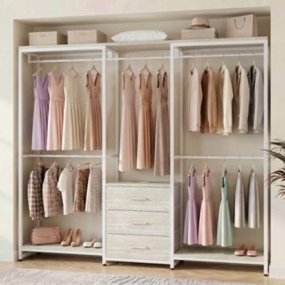 Heavy Duty Closet Rack with 5 Hanging Rods & 3 Fabric Drawers, Reversible Garment Rack with Shelves for Closet/Bedroom